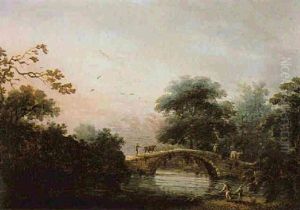Drovers Guiding Cattle Over A Bridge In A Wooded River Landscape