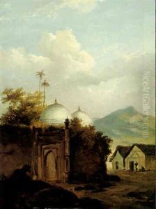 View Of A Cow By An Indian Temple by George Chinnery