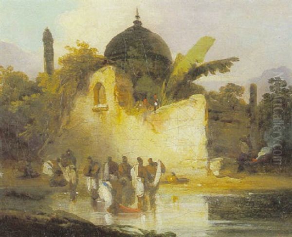 Indians Washing In A Pool By A Temple - view 1