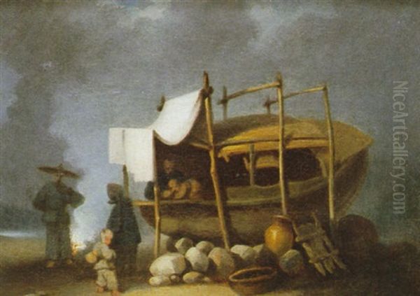 A Chinese Family By A Beached Sampan - view 1