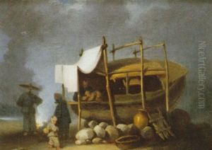 A Chinese Family By A Beached Sampan
