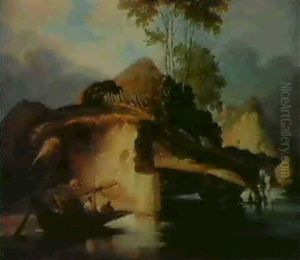 River Landscape With Natives In A Boat by George Chinnery