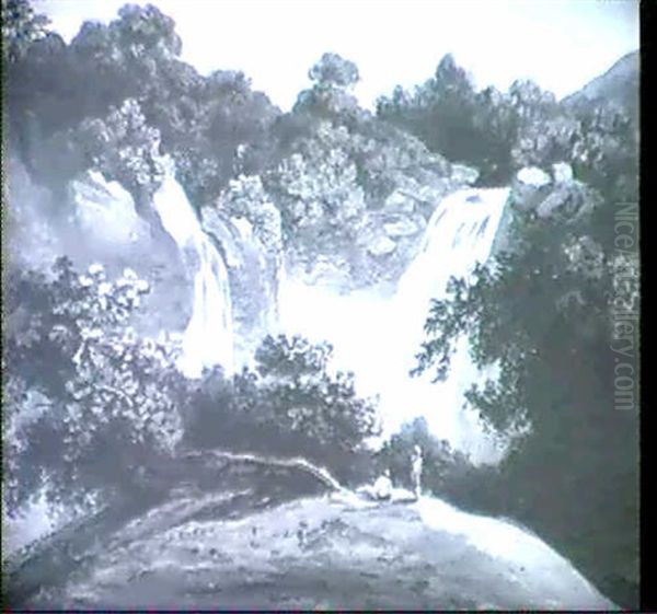 Indian Landscape With Natives By A Waterfall - view 1