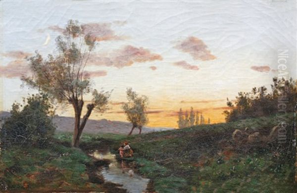 Mere Et Enfant A La Mare Au Couchant - view 1