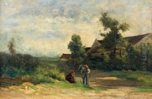 Paysan A La Faux Et Femme Devant Une Ferme by Antoine Chintreuil