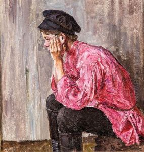In Thought - Sitting Boy With Cap And Red Shirt