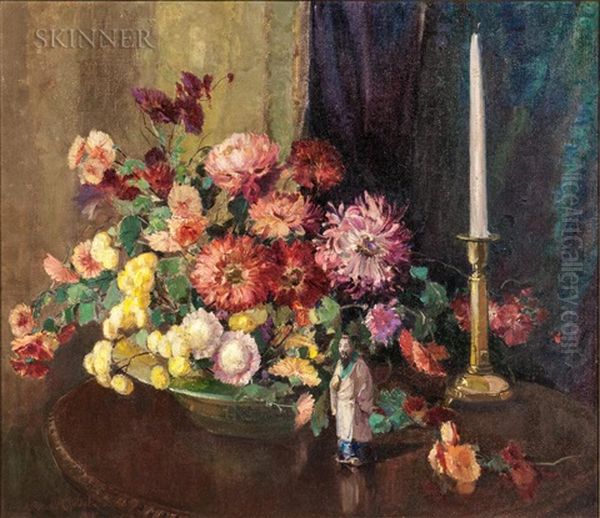 Floral Still Life With Asian Figurine - view 1