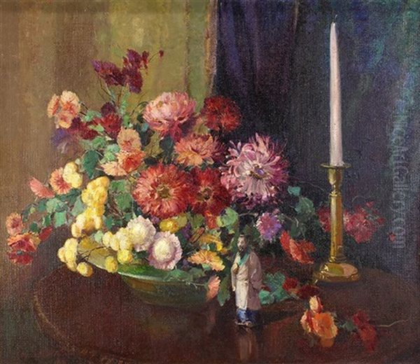 Still Life With Flowers, Asian Figurine And Candlestick - view 1