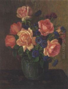 A Still Life With Roses And Cornflowers
