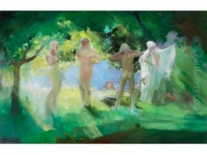 Junge Madchen In Einer Waldlichtung Vor Einem See Im Hintergrund by Pavel Dmitrievitch Chmarov