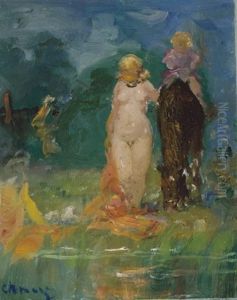 A Bather With A Child On Horseback by Pavel Dmitrievitch Chmarov