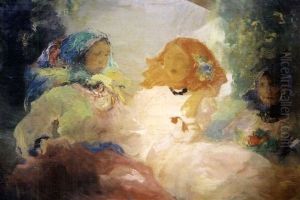 Trois Jeunes Femmes Dans Un Jardin by Pavel Dmitrievitch Chmarov