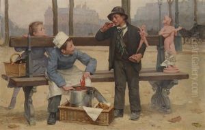 Jeunes Enfants Dans Un Parc, L'un Tenant Une Ecrevisse, L'autre Une Statue by Paul-Charles Chocarne-Moreau