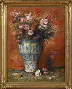 Still Life Of A Bouquet Of Flowers In A Blue And Whie Porcelain Vase by Paul-Charles Chocarne-Moreau