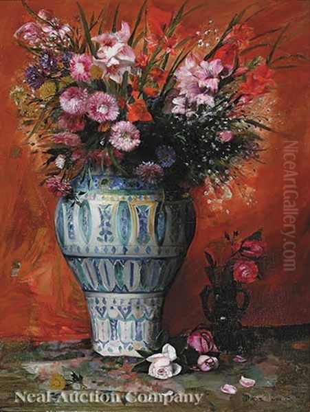 Still Life Of Pink Flowers In A Blue And White Porcelain Vase - view 1