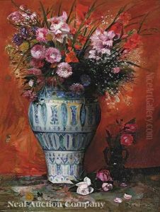 Still Life Of Pink Flowers In A Blue And White Porcelain Vase by Paul-Charles Chocarne-Moreau