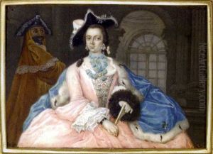 A Young Noblewoman Seated In An Interior Holding A Fan, A Bearded Servant Standing Beside Her, The Lady In Pink Silk Dress With Silver-embroidered Bodice And Lace Cuffs...