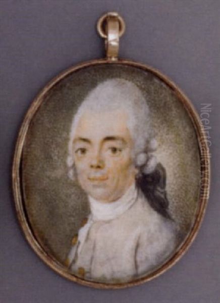 A Young Gentleman In Light Grey Coat And Waistcoat With Gold Buttons, White Stock, Powdered Wig En Queue - view 1