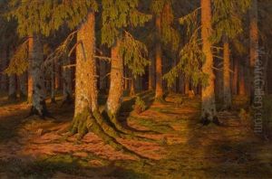 Forest Landscape At Sunset by Ivan Fedorovich Choultse