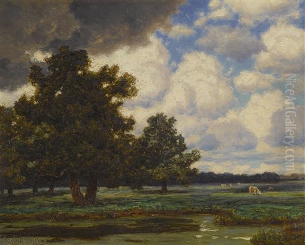 Woodland Landscape With Grazing Cows - view 1