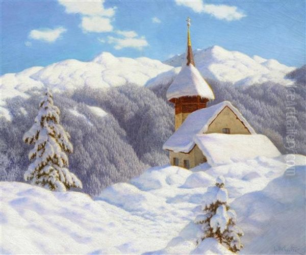 A Snowy Winter Landscape With A Small Church, Probably In The Sertig Valley - view 1
