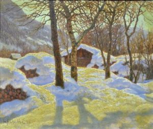 Winter Landscape With Cabin And Wood Piles