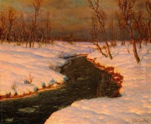 Schneelandschaft Mit Einem Fluss Bei Sonnenuntergang Schneelandschaft Mit Einem Fluss Bei Sonnenuntergang