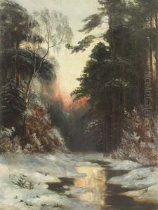 Bachlauf In Winterlandschaft Mit Abendsonne by Ivan Fedorovich Choultse