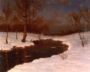 Sunset On A Snowy River Landscape by Ivan Fedorovich Choultse