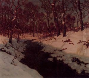 A Stream Through A Snow-covered Forest At Sunset by Ivan Fedorovich Choultse
