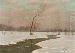 Golden Light On A Snow Covered Landscape With Stream by Ivan Fedorovich Choultse