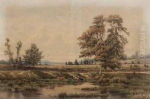Vaches S'abreuvant En Bord De Riviere by Jean Henri Chouppe
