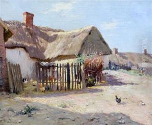 Chickens Beside A Thatched Farmhouse by Rene Louis Chretien