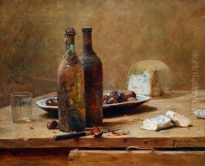Stilleben Mit Flaschen, Glas Und Kase by Rene Louis Chretien