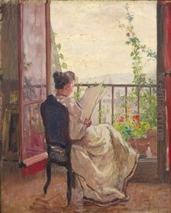 Portrait De Jeune Femme Assise, Lisant A Sa Fenetre by Rene Louis Chretien