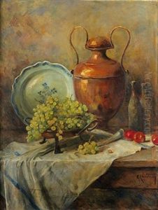 Nature Morte Au Plat De Raisin Et Piece De Dinanderie by Rene Louis Chretien