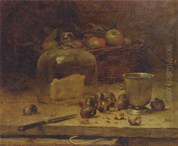 A Still Life With Cheese, Chestnuts And Apples In A Wicker Basket - view 1