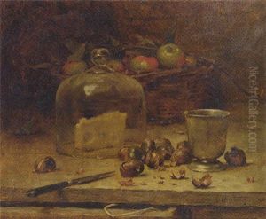 A Still Life With Cheese, Chestnuts And Apples In A Wicker Basket by Rene Louis Chretien
