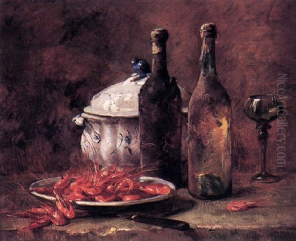 Nature Morte Aux Crevettes, A La Soupiere Et Aux Vieilles Bouteilles De Vin - view 1