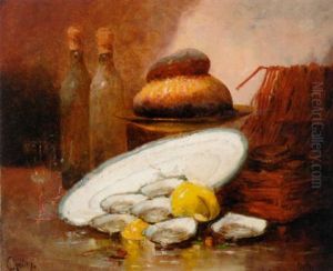 Oysters, Lemons, A Loaf Of Bread, A White Plate And Wine Bottles On A Table by Rene Louis Chretien