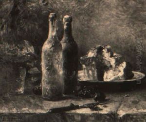 Tabletop Still Life With Bottles And Cake by Rene Louis Chretien
