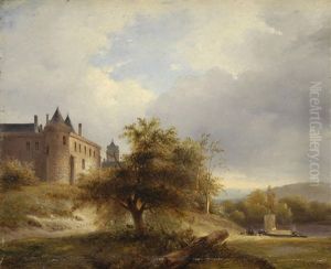 Fluslandschaft Mit Anlegestelle Und Stadtansicht