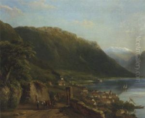 View Of Montreux With Lake Gevena And Chateau De Chillon And Les Dent Du Midi In The Distance by Pieter Caspar Christ