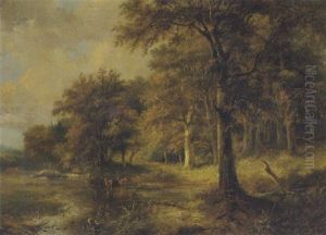 Deer In A Sunlit Open Spot In The Woods by Pieter Caspar Christ