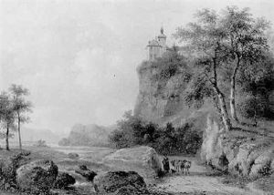 A River Valley With A Peasant Woman And Donkeys On A Path, A Castle On A Hilltop Beyond by Pieter Caspar Christ