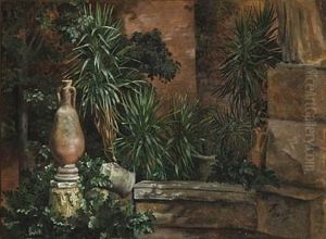 Palms And Jars In A Courtyard In Rome