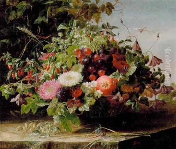 Opstilling Med Asters, Fuchsia, Aebler Og Vindruer I En Skal Pa En Karm, Hvorpa Kornaks Og Flyvende Guldsmed - view 1