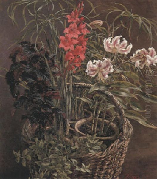 Rubrum Lilies And Gladiolus In A Straw Basket - view 1