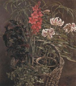 Rubrum Lilies And Gladiolus In A Straw Basket thumbnail