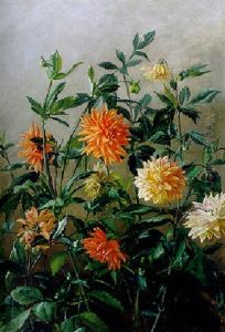 Prachtvolle Dahlienbluten Vor Grauem Hintergrund by Anthonie, Anthonore Christensen